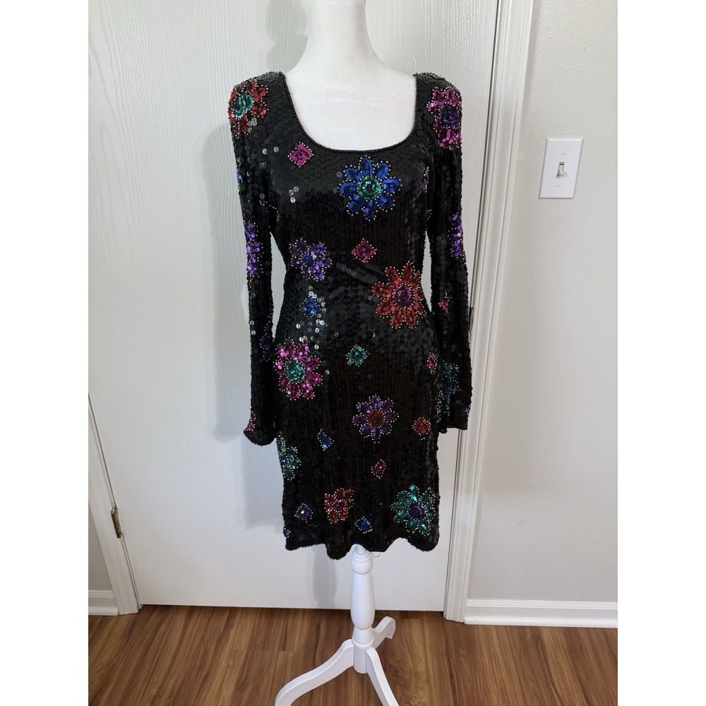 Nite Line Della Roufogali Vintage Sequin 80s Long Sleeve Black Party Dress 8